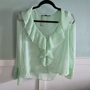 Pleated Ruffle V-Neck Chiffon Blouse - Mint